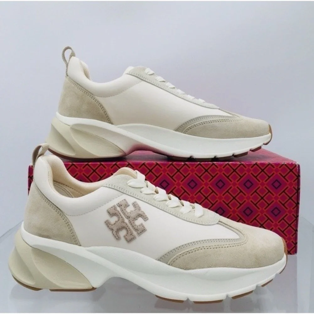 (38)Tory Burch Good Luck Trainer Sneakers - Ivory/ Toupe- Women's Size 13 M
